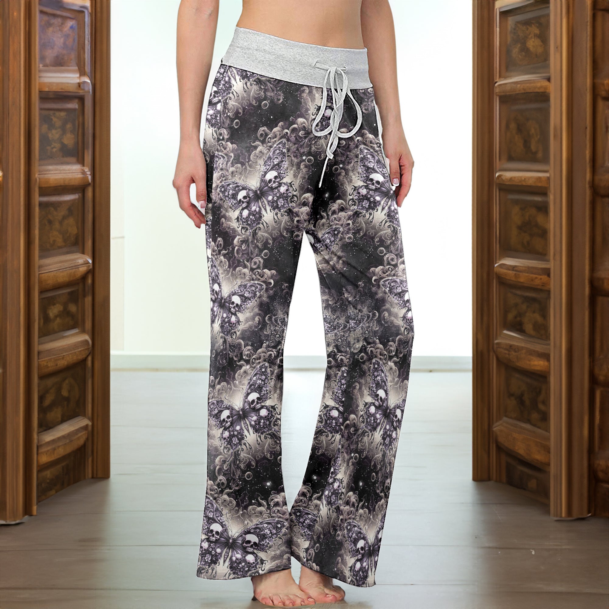 Galaxy Buterfly Skull Pattern Women's High-waisted Wide Leg Pants