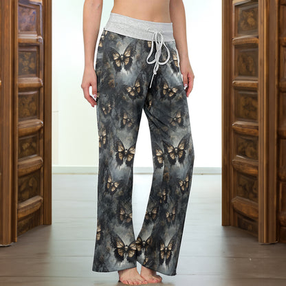 Tan Buterfly Skull Art Women's High-waisted Wide Leg Pants