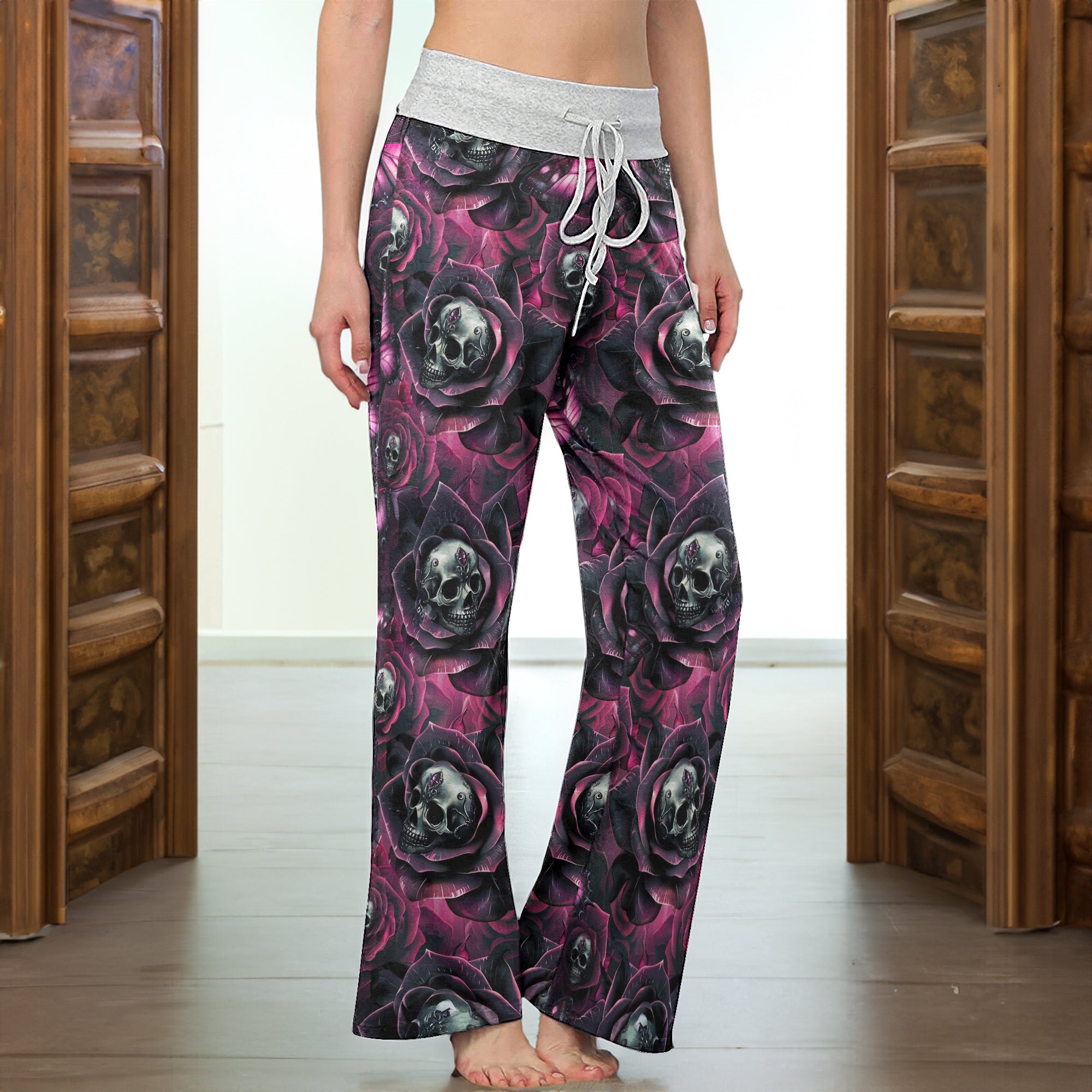 Skull Rose Abstract Pattern Women's High-waisted Wide Leg Pants