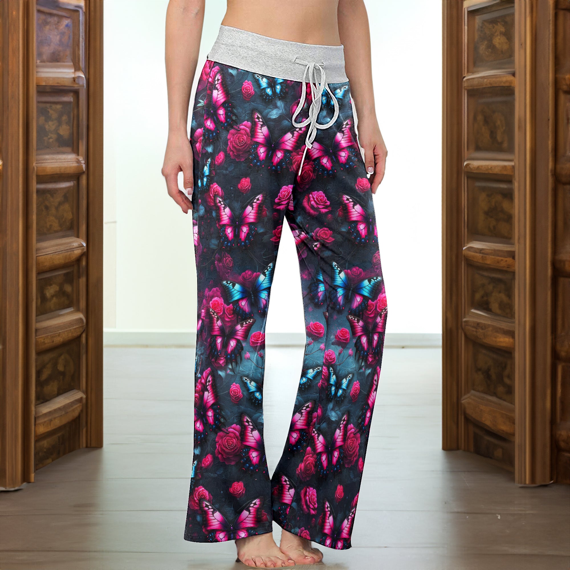 Neon Butterfly Pattern Women's High-waisted Wide Leg Pants