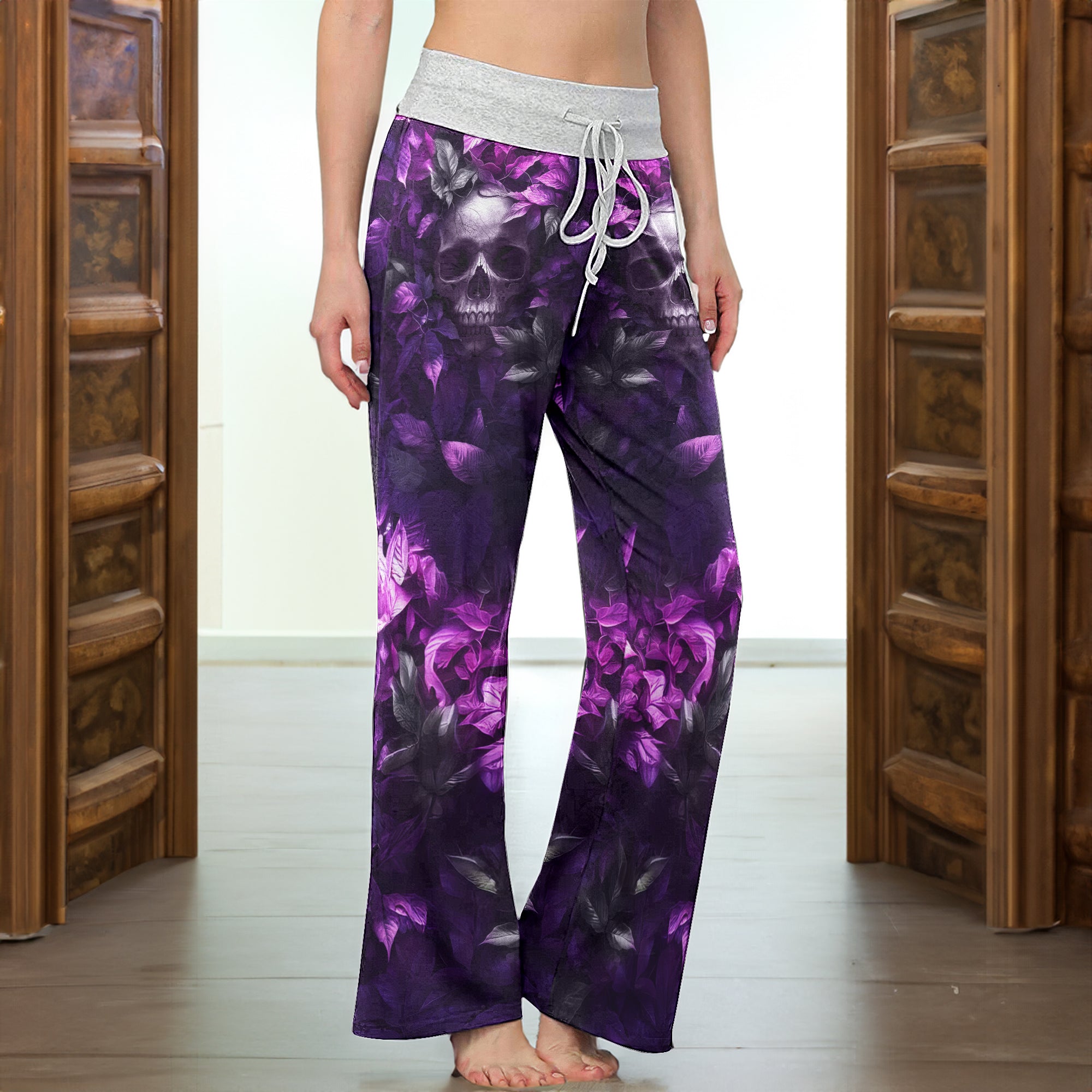Purple Skull Filigree Rose Women's High-waisted Wide Leg Pants