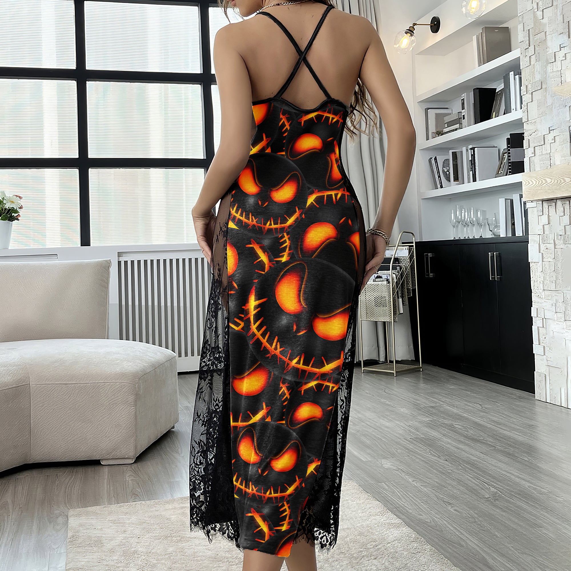Orange Skull Pattern Women's Lace Cami Sleepwear