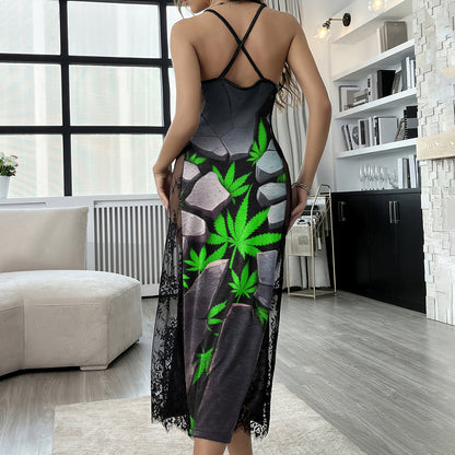 Broken Leaf Skull Art Women's Lace Cami Sleepwear