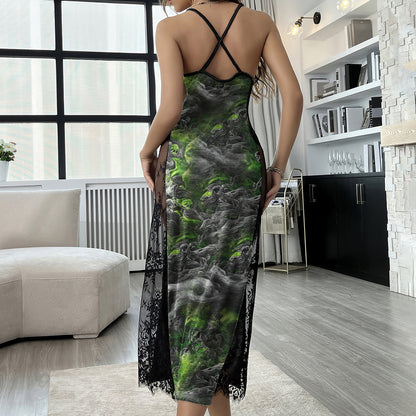 Green Smoke Skull Art Women's Lace Cami Sleepwear