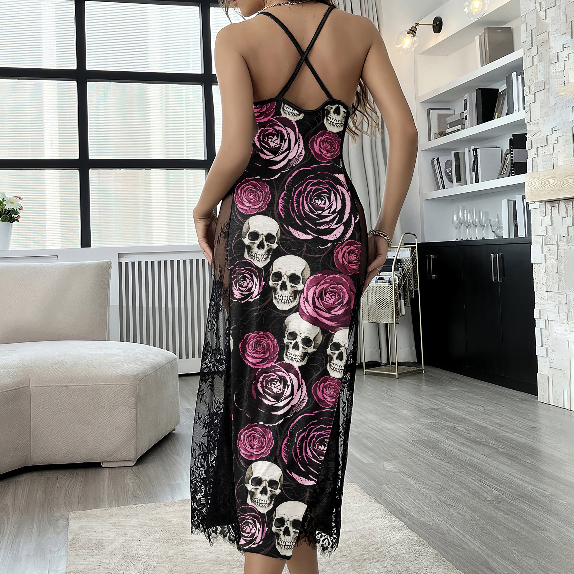 Pastel Skull Rose Pattern Lace Cami Sleepwear
