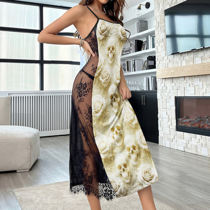 Tan Skull Rose Pattern Women's Lace Cami Sleepwear
