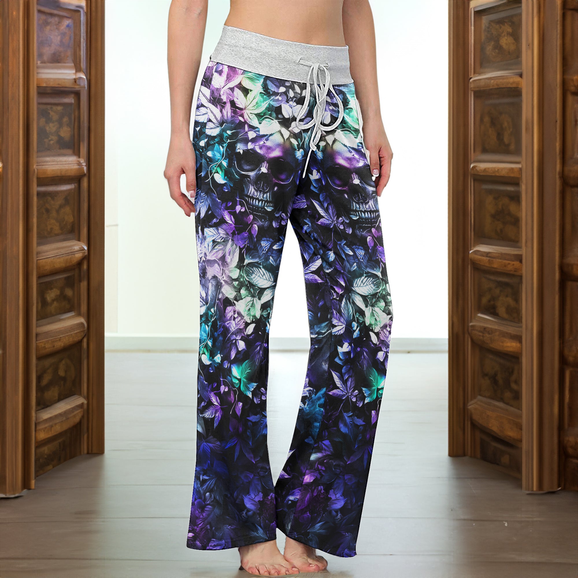 Abstract Skull Leaf Women's High-waisted Wide Leg Pants | Wonder Skull