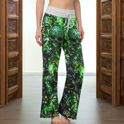 Green Filigree Skull Art Women's High-waisted Wide Leg Pants | Wonder Skull