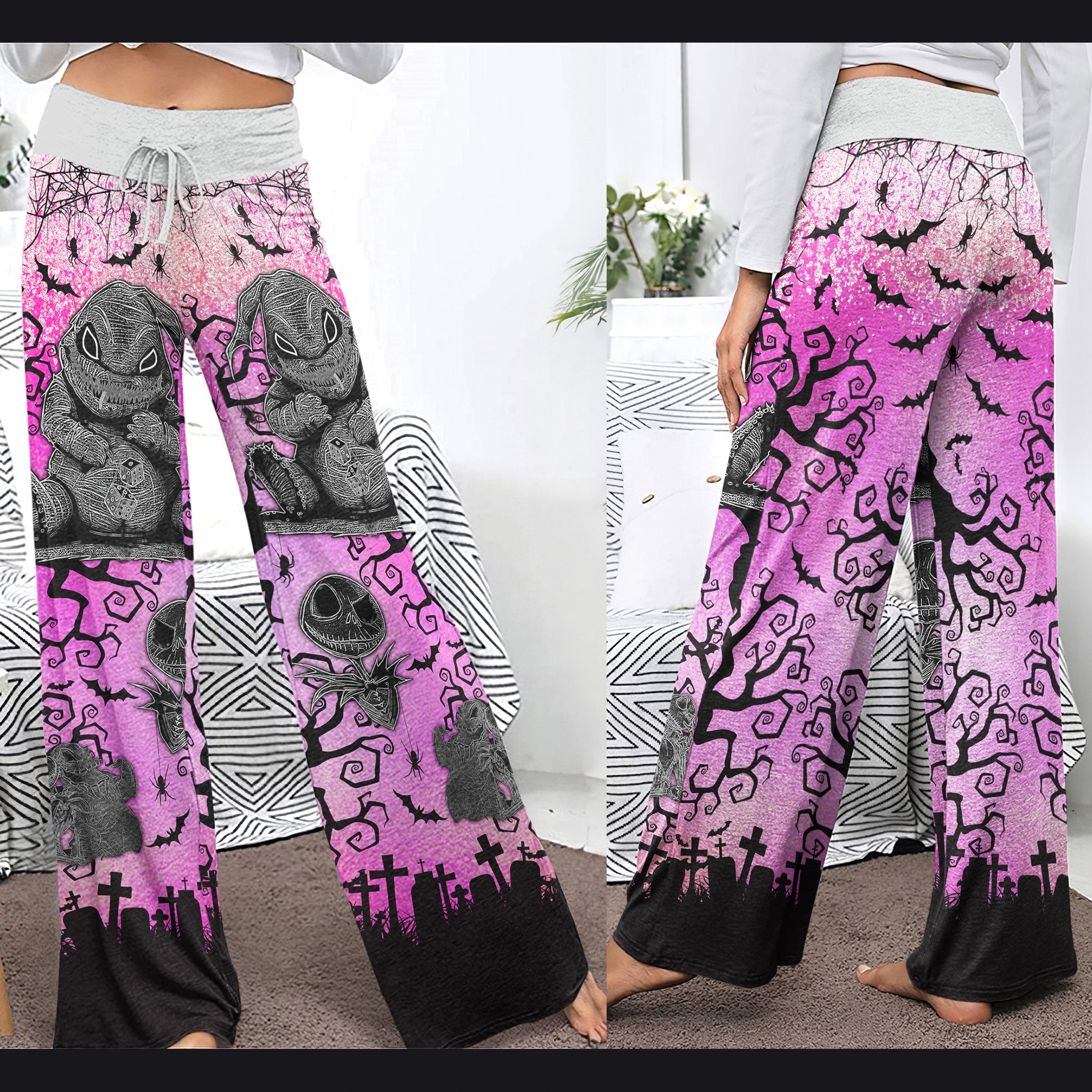 Pink Nightmare Bat Theme Women's High-waisted Wide Leg Pants | Wonder Skull