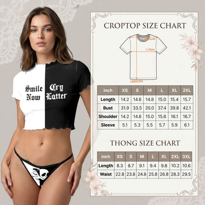 Wonder Skull  sheer mesh crop top and thong set delivers the perfect balance of comfortable and confident. Ultra-lightweight mesh fabric breathes freely against your skin while stretching gently to hug your natural curves without any restrictive squeezing. Playful lettuce edge trim at the neckline, sleeves, and hem adds cute feminine detail with soft ruffled texture. The flattering cropped length hits perfectly above your waist, creating an elongated silhouette that makes you feel amazing. Whether you're we