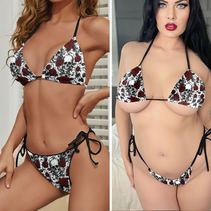 Dark Floral Skull Texture Micro Triangle Bikini Swimsuit