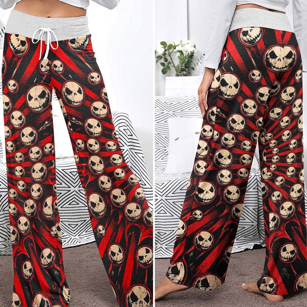 Gothic Crimson Skulls Women's High-waisted Wide Leg Pants