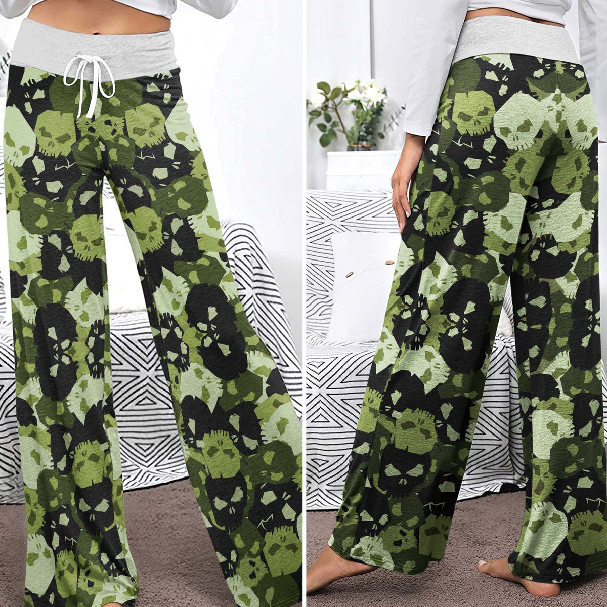 Green Skull Camo Pattern Women's High-waisted Wide Leg Pants