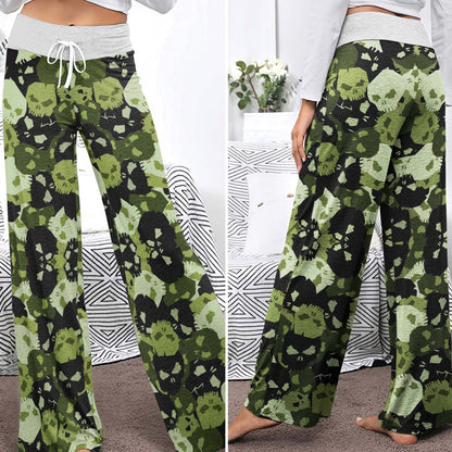 Green Skull Camo Pattern Women's High-waisted Wide Leg Pants