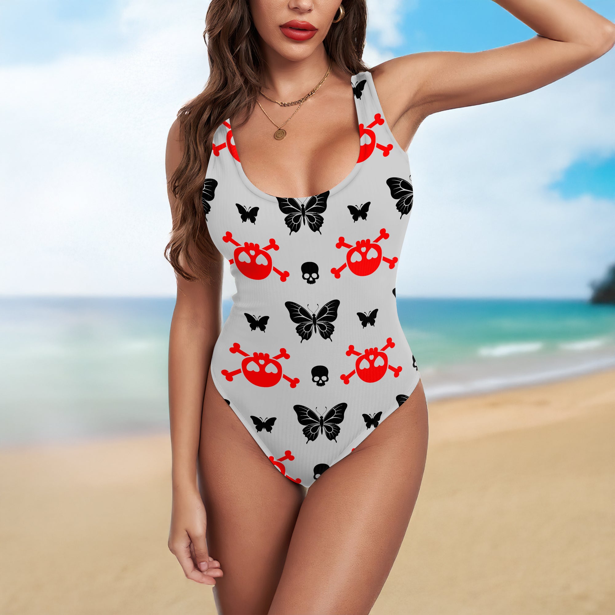 One Piece Bikini Pastel Punk Skull Pattern Print Swimwear