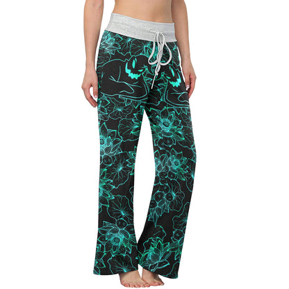 Cyan Floral Nightmare Theme Women's High-waisted Wide Leg Pants | Wonder Skull