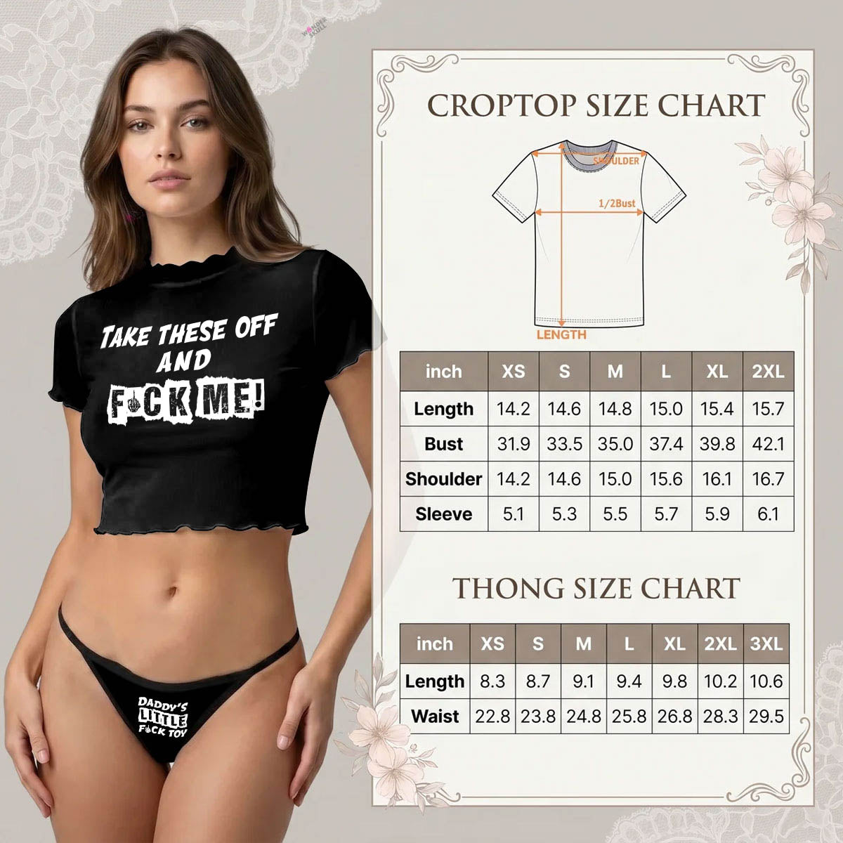 Wonder Skull  sheer mesh crop top and thong set delivers the perfect balance of comfortable and confident. Ultra-lightweight mesh fabric breathes freely against your skin while stretching gently to hug your natural curves without any restrictive squeezing. Playful lettuce edge trim at the neckline, sleeves, and hem adds cute feminine detail with soft ruffled texture. The flattering cropped length hits perfectly above your waist, creating an elongated silhouette that makes you feel amazing. Whether you're we