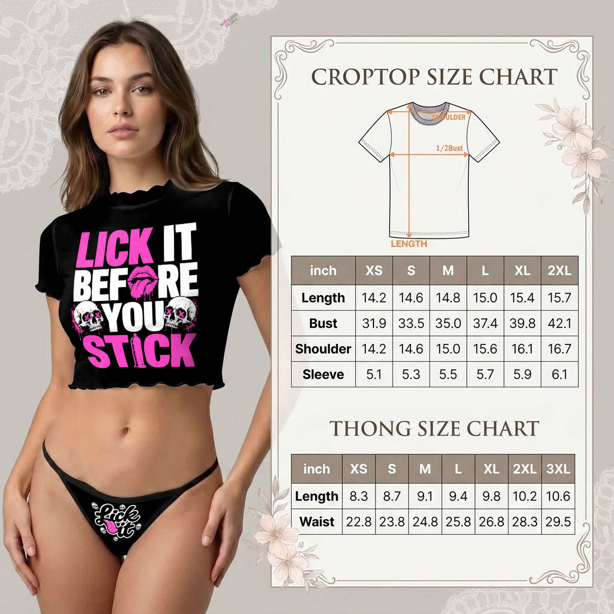 Wonder Skull  sheer mesh crop top and thong set delivers the perfect balance of comfortable and confident. Ultra-lightweight mesh fabric breathes freely against your skin while stretching gently to hug your natural curves without any restrictive squeezing. Playful lettuce edge trim at the neckline, sleeves, and hem adds cute feminine detail with soft ruffled texture. The flattering cropped length hits perfectly above your waist, creating an elongated silhouette that makes you feel amazing. Whether you're we
