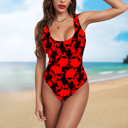 One Piece Bikini Red skull Brush Pattern Print Swimwear