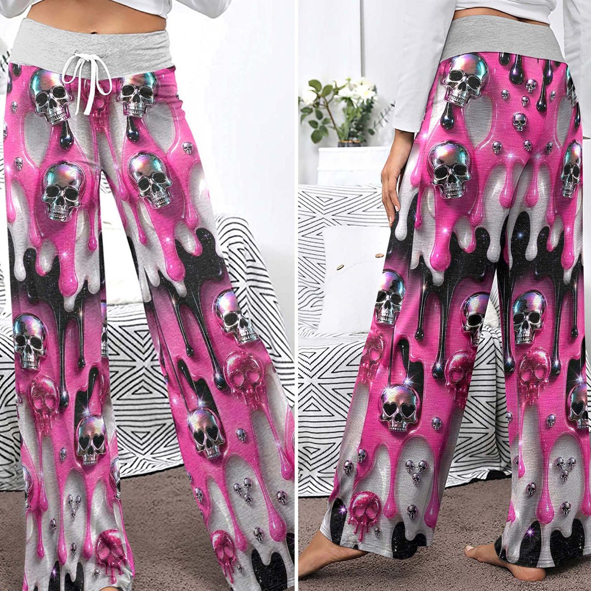 Pink Metallic Skull Lust Women's High-waisted Wide Leg Pants