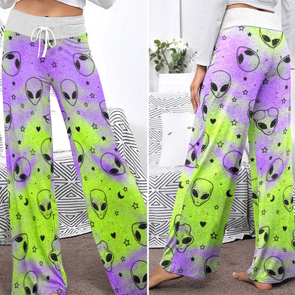 Neon Acid Alien Pattern Women's High-waisted Wide Leg Pants