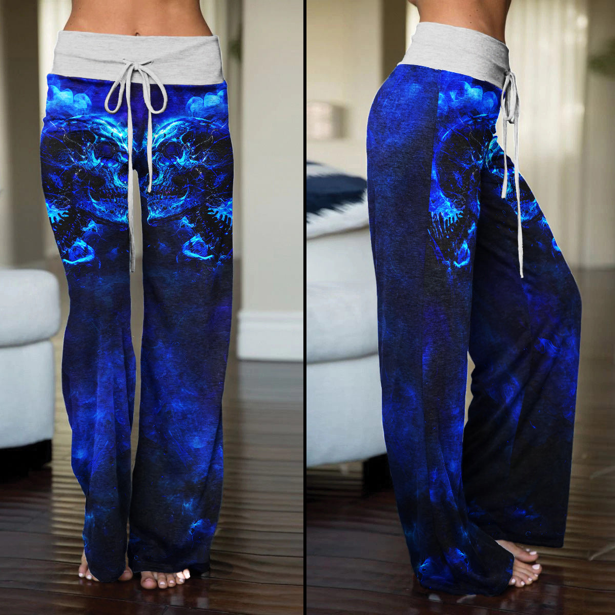 Blue Skull Art Abstract Women's High-waisted Wide Leg Pants | Wonder Skull