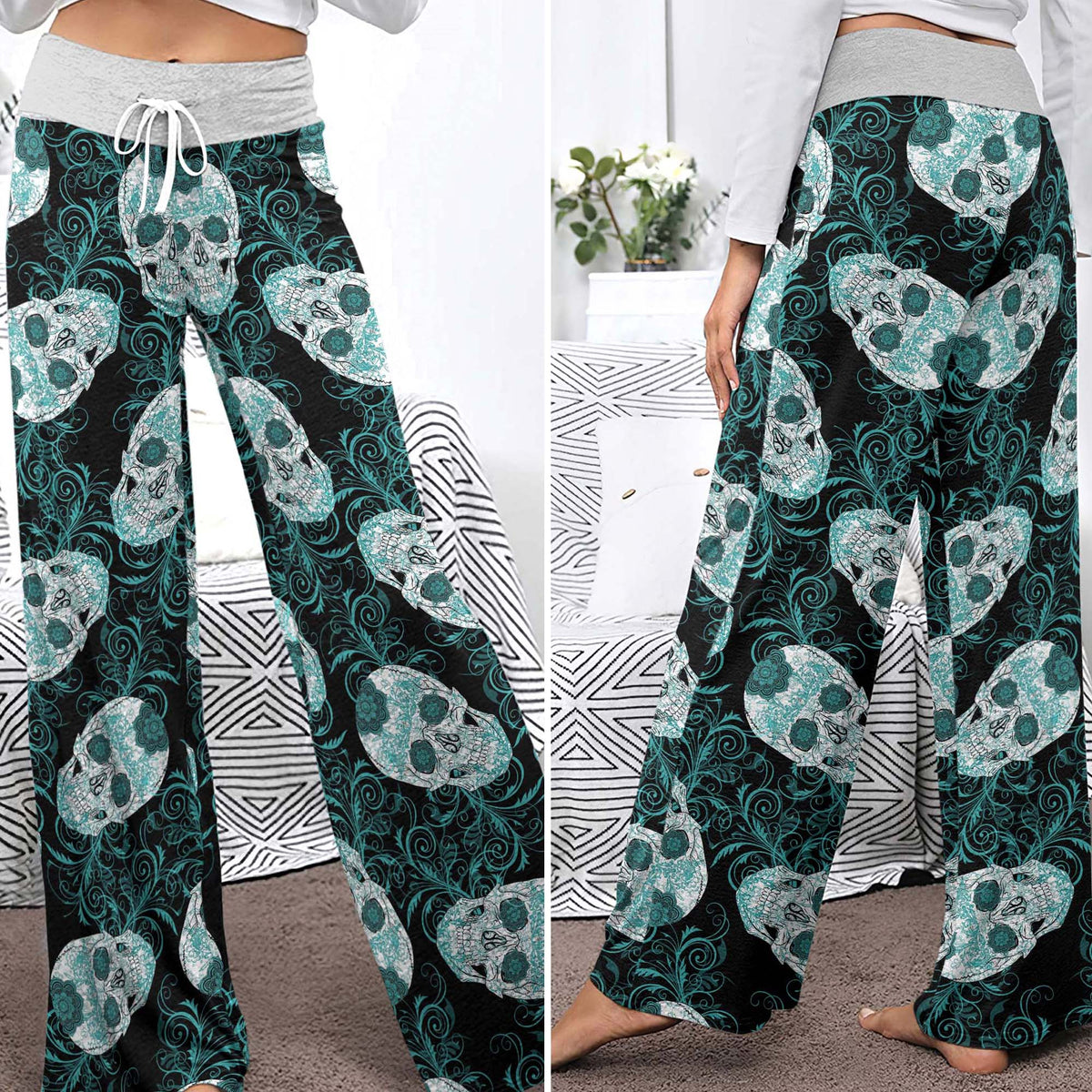 Gothic Teal Rose Skulls Women's High-waisted Wide Leg Pants