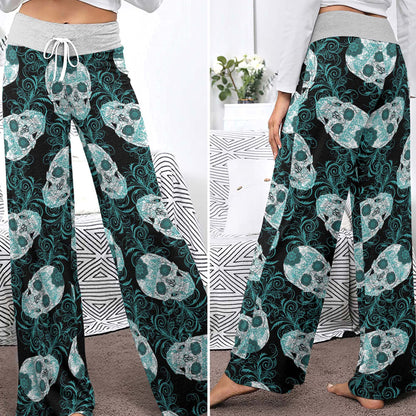 Gothic Teal Rose Skulls Women's High-waisted Wide Leg Pants
