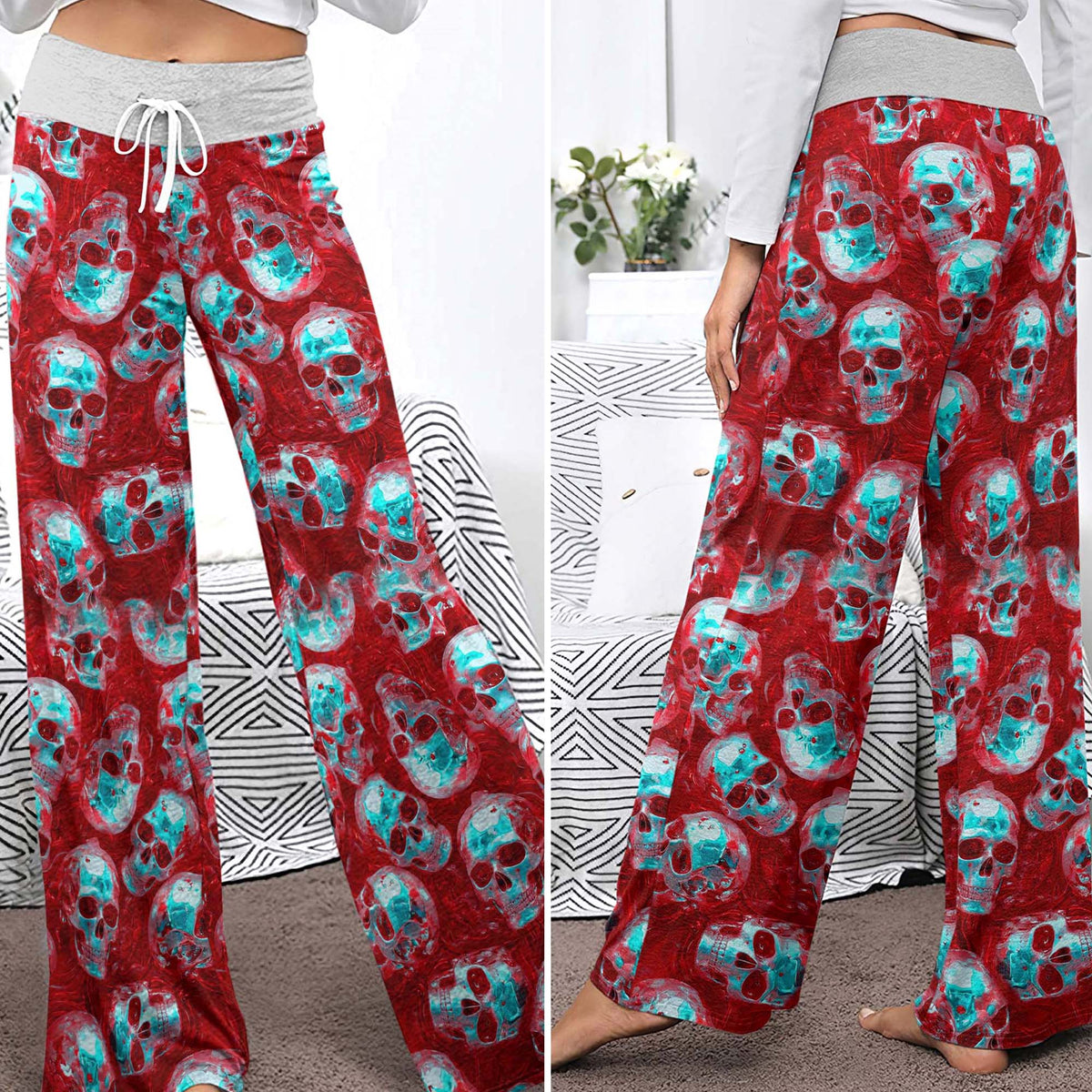 Neon Skull Crimson Chrome Women's High-waisted Wide Leg Pants