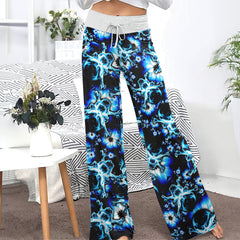 Dark Blue Skull Floral Women's High-waisted Wide Leg Pants | Wonder Skull