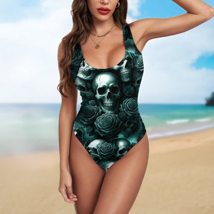 One Piece Bikini Dark Skulls Rose Print Swimwear