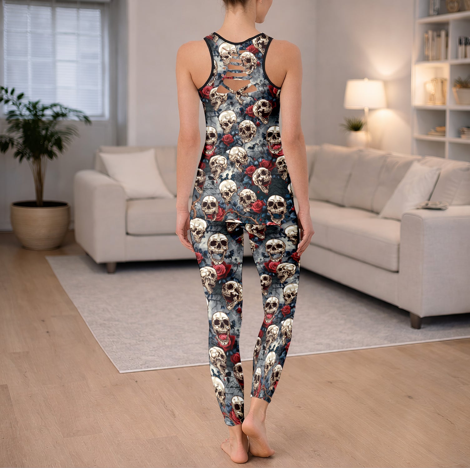 Floral Skull Rose Pattern Tanktop and Leggings