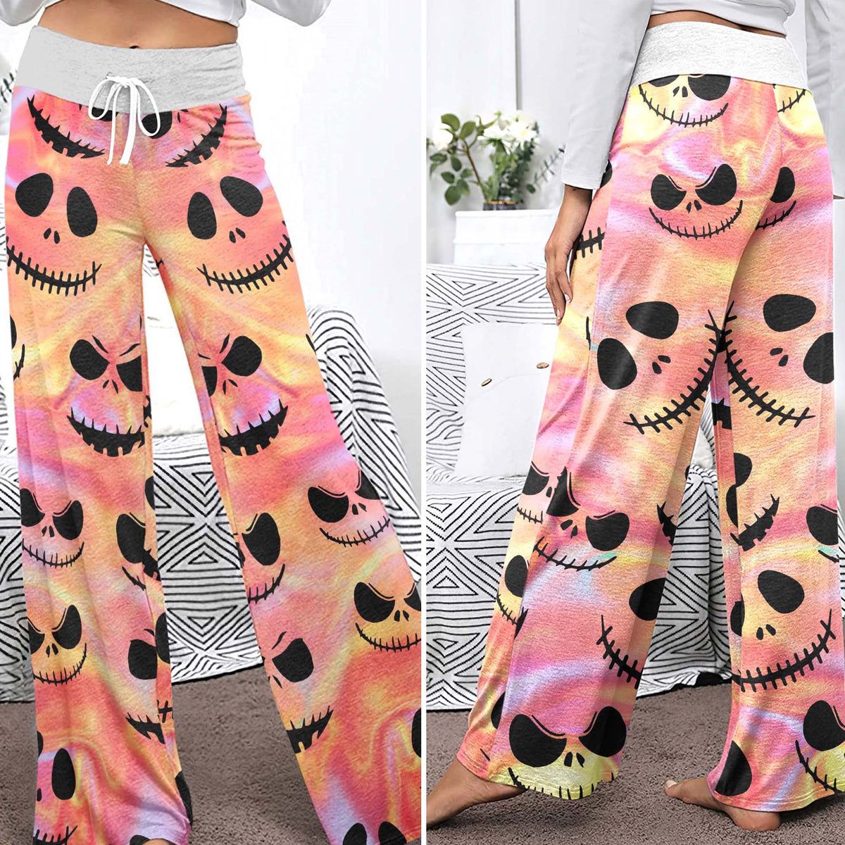Psychedelic Skulls Pattern Women's High-waisted Wide Leg Pants