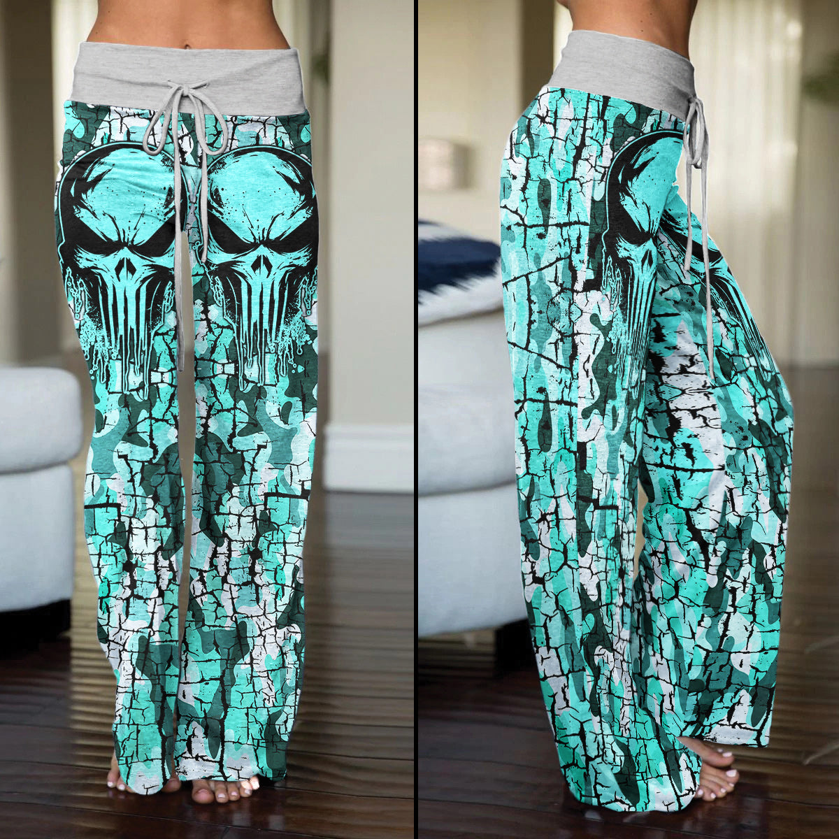 MintCream Skull Women's High-waisted Wide Leg Pants | Wonder Skull