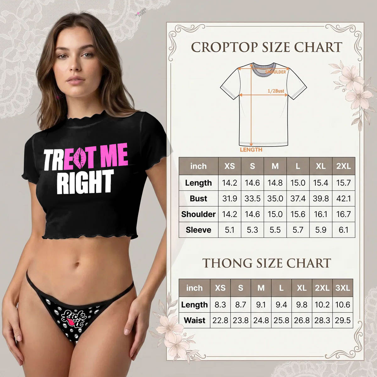 Wonder Skull  sheer mesh crop top and thong set delivers the perfect balance of comfortable and confident. Ultra-lightweight mesh fabric breathes freely against your skin while stretching gently to hug your natural curves without any restrictive squeezing. Playful lettuce edge trim at the neckline, sleeves, and hem adds cute feminine detail with soft ruffled texture. The flattering cropped length hits perfectly above your waist, creating an elongated silhouette that makes you feel amazing. Whether you're we