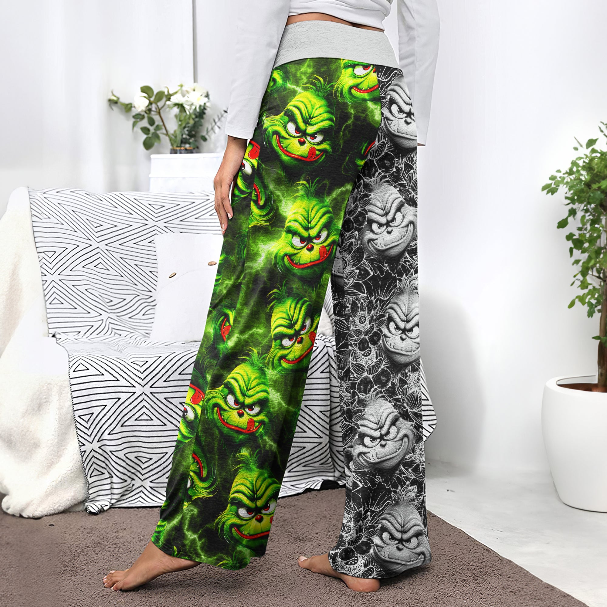 Green White Nightmare Theme Women's High-waisted Wide Leg Pants | Wonder Skull