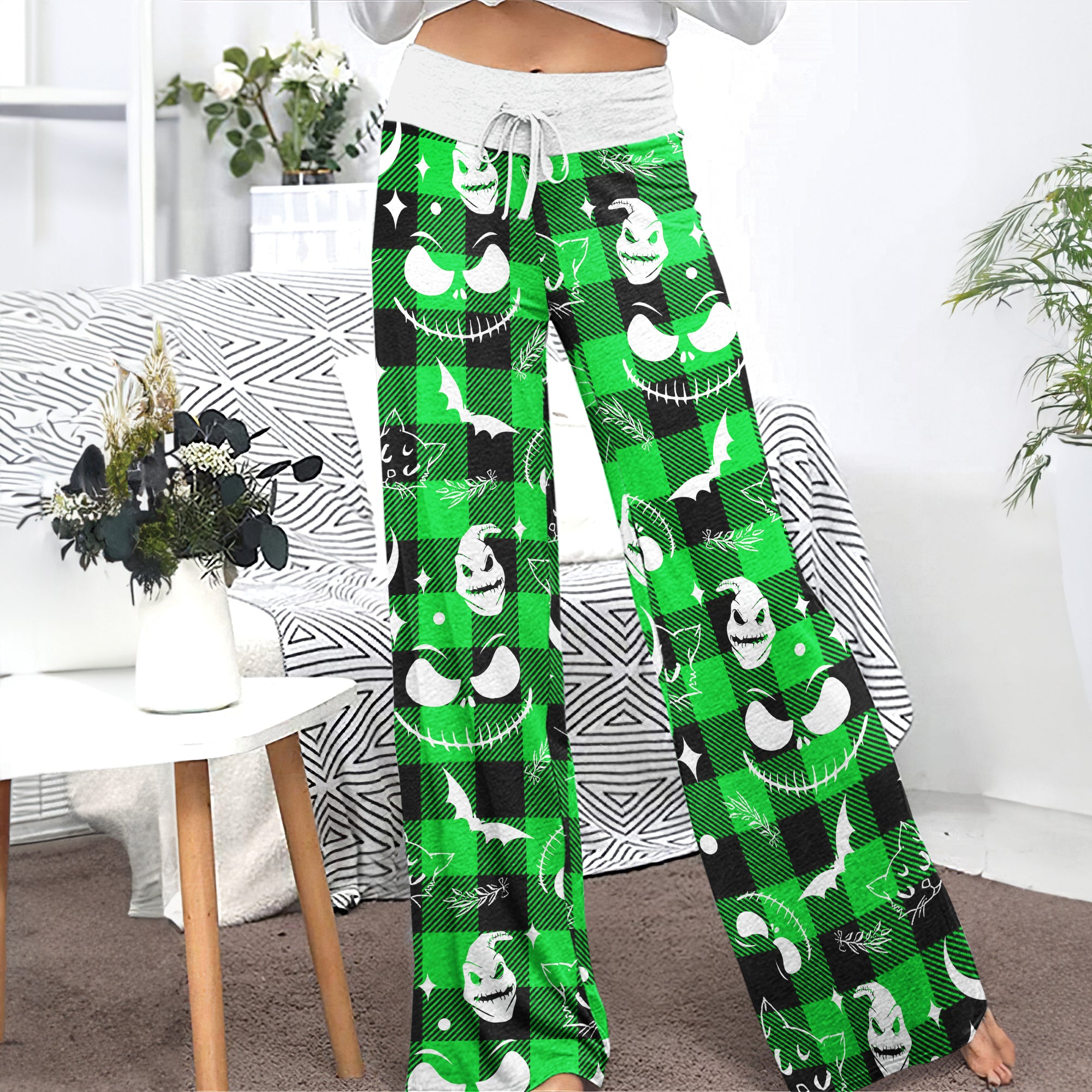 Green White Christmas Check Board Theme Women's High-waisted Wide Leg Pants | Wonder Skull