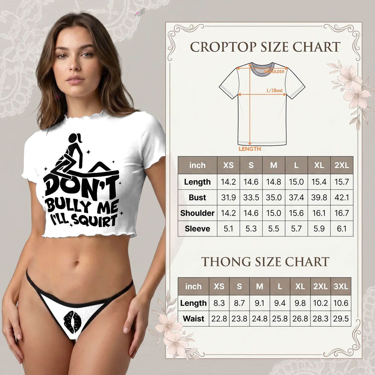 Wonder Skull  sheer mesh crop top and thong set delivers the perfect balance of comfortable and confident. Ultra-lightweight mesh fabric breathes freely against your skin while stretching gently to hug your natural curves without any restrictive squeezing. Playful lettuce edge trim at the neckline, sleeves, and hem adds cute feminine detail with soft ruffled texture. The flattering cropped length hits perfectly above your waist, creating an elongated silhouette that makes you feel amazing. Whether you're we