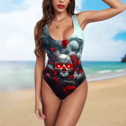 One Piece Bikini Red-Eyed Skull Rose Print Swimwear