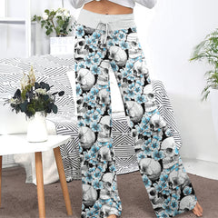 Blue Pastel Floral Skull Women's High-waisted Wide Leg Pants | Wonder Skull