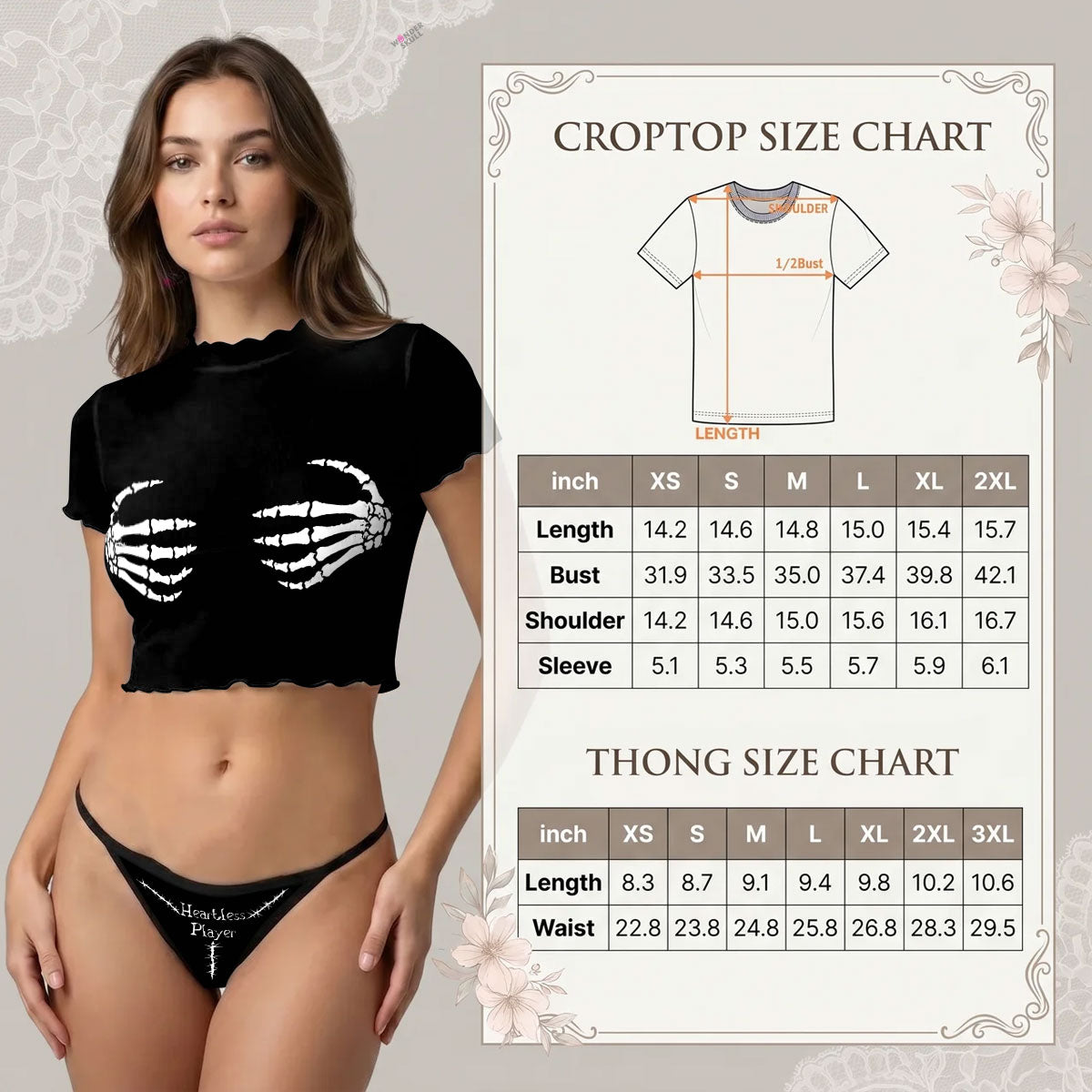 Wonder Skull  sheer mesh crop top and thong set delivers the perfect balance of comfortable and confident. Ultra-lightweight mesh fabric breathes freely against your skin while stretching gently to hug your natural curves without any restrictive squeezing. Playful lettuce edge trim at the neckline, sleeves, and hem adds cute feminine detail with soft ruffled texture. The flattering cropped length hits perfectly above your waist, creating an elongated silhouette that makes you feel amazing. Whether you're we