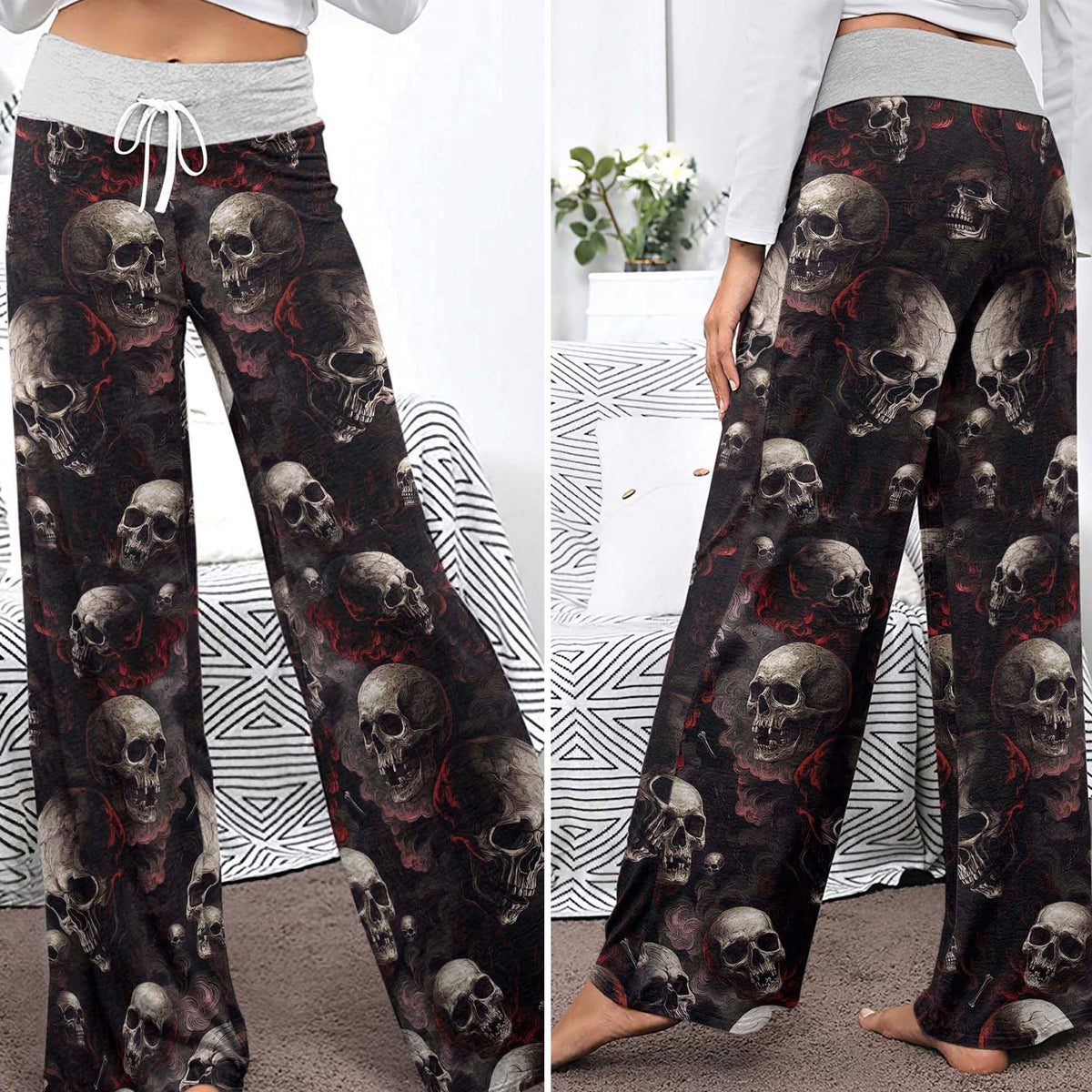 Dark Smoke Skulls Pattern Women's High-waisted Wide Leg Pants