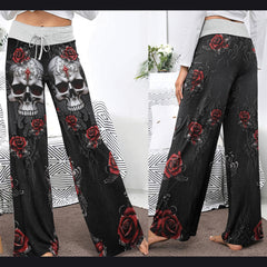 Skull Rose Dark Gothic Women's High-waisted Wide Leg Pants | Wonder Skull