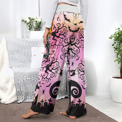 Pink Couple Nightmare Theme Women's High-waisted Wide Leg Pants | Wonder Skull