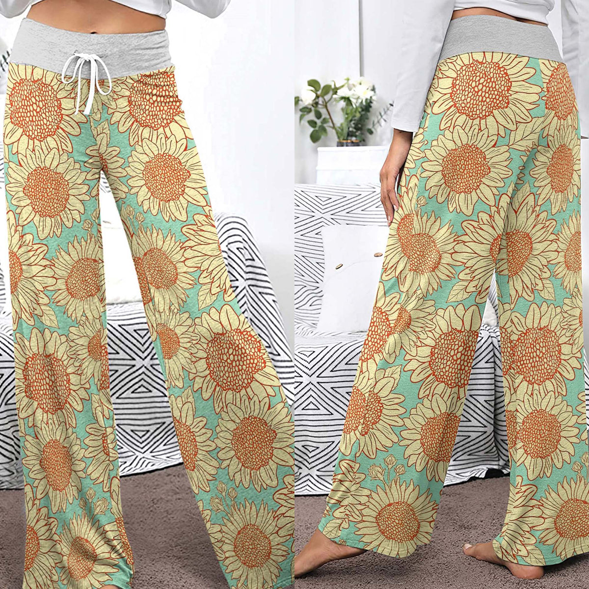 Vintage Mint Sunflower Women's High-waisted Wide Leg Pants