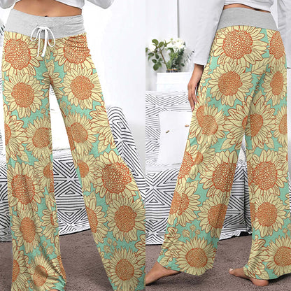 Vintage Mint Sunflower Women's High-waisted Wide Leg Pants