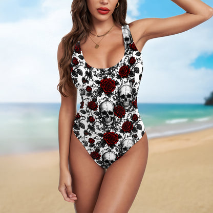 One Piece Bikini Gothic Skull Rose Seamless Print Swimwear