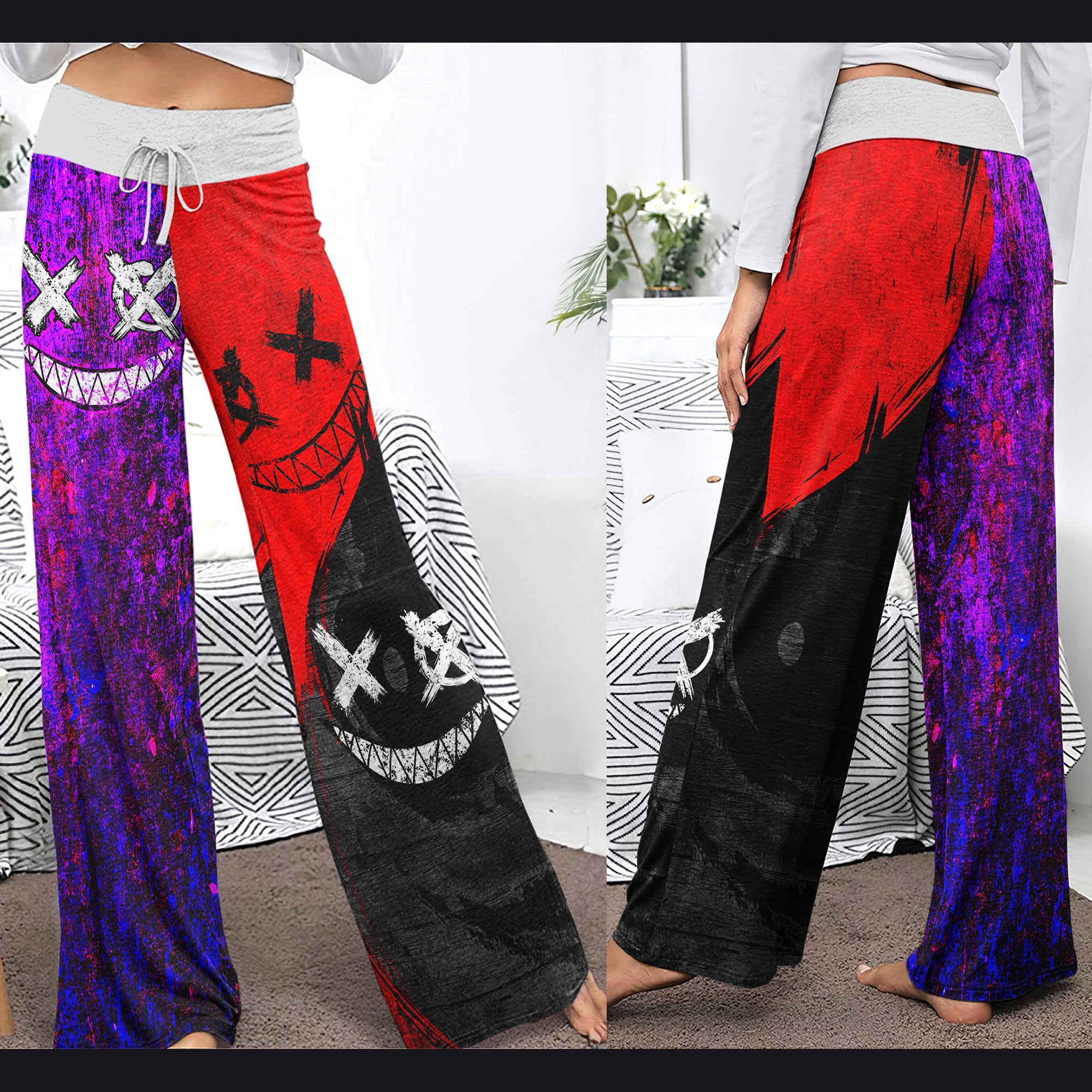 Purple Red Emo Smile Women's High-waisted Wide Leg Pants | Wonder Skull