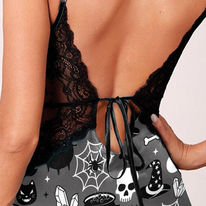 Grey Skull Halloween Pattern Gothic & Punkrock Women's Sleepwear | Lace Cami Dress Nightgowns
