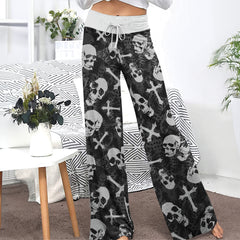 Black Skull Cross Gothic Women's High-waisted Wide Leg Pants | Wonder Skull